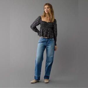 American Eagle Outfitters Smocked Babydoll Black Floral Blouse Size S